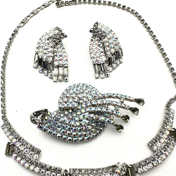 Vintage Aurora Borealis Glass Rhinestone Silver Necklace Brooch Earrings Set - Picture 2 of 4
